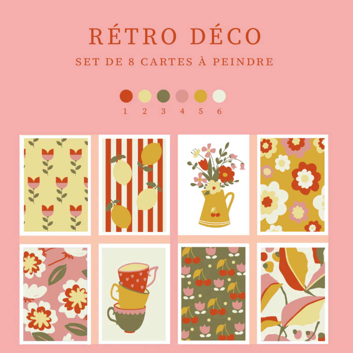 Peinture à numéro : set de 8 cartes à peindre Rétro déco