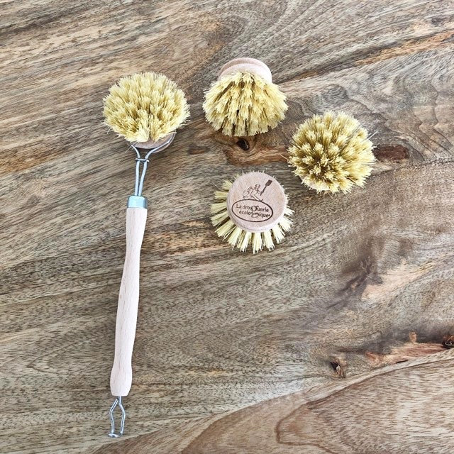 Brosse vaisselle + 3 têtes rechargeables (laiton ou fibre)
