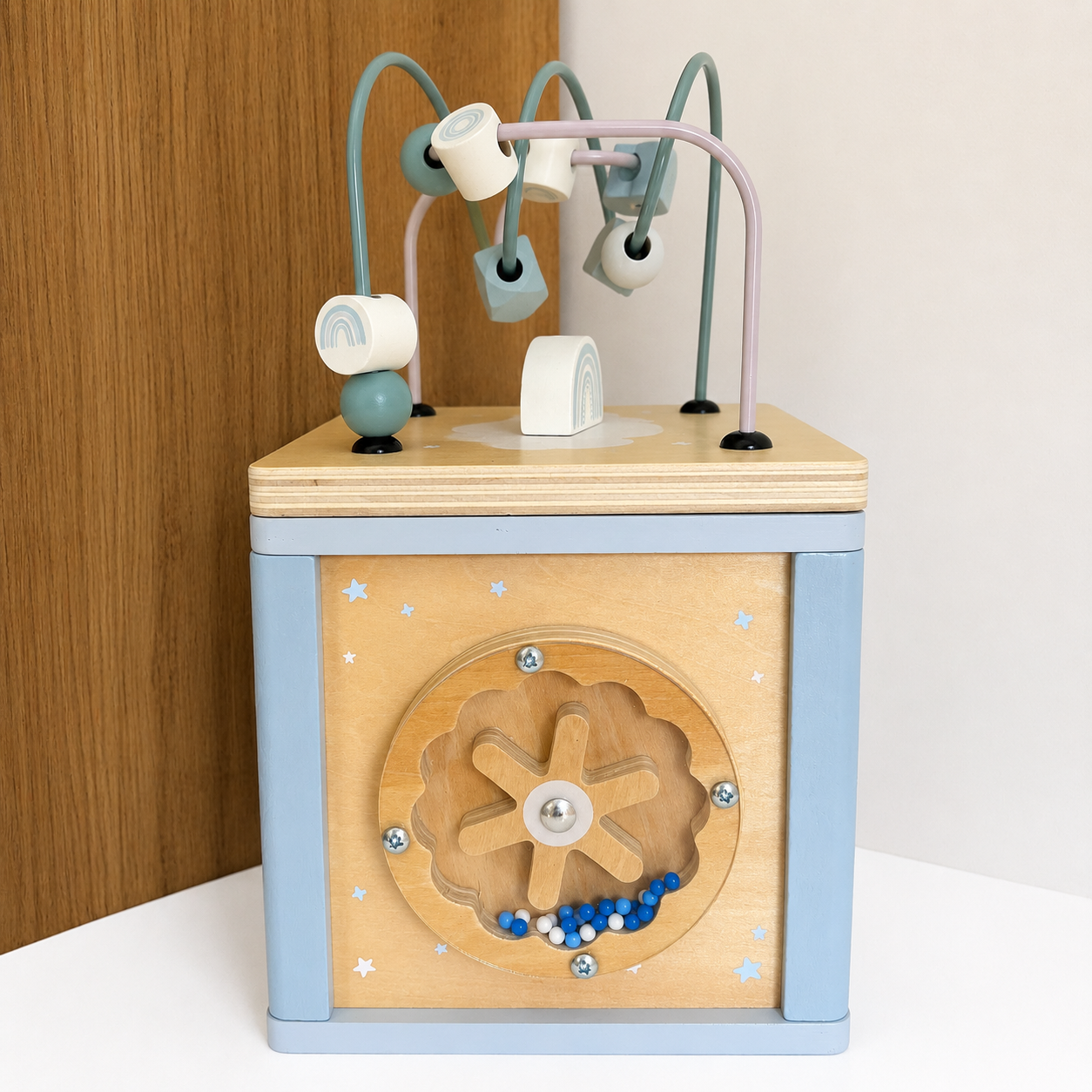 Cube de motricité bleu  – Jouet d’éveil en bois dès 12 mois