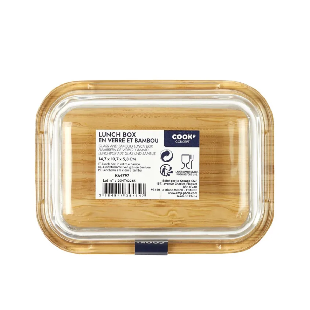Lunch Box Verre et Bambou "repas" 32cl transparent