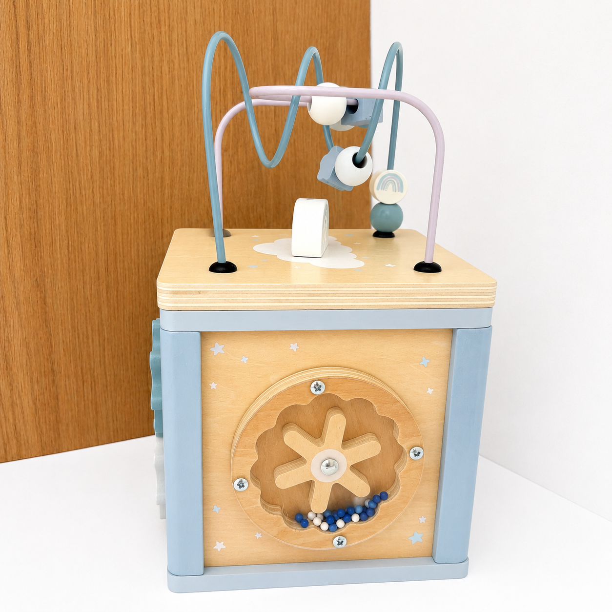 Cube de motricité bleu  – Jouet d’éveil en bois dès 12 mois