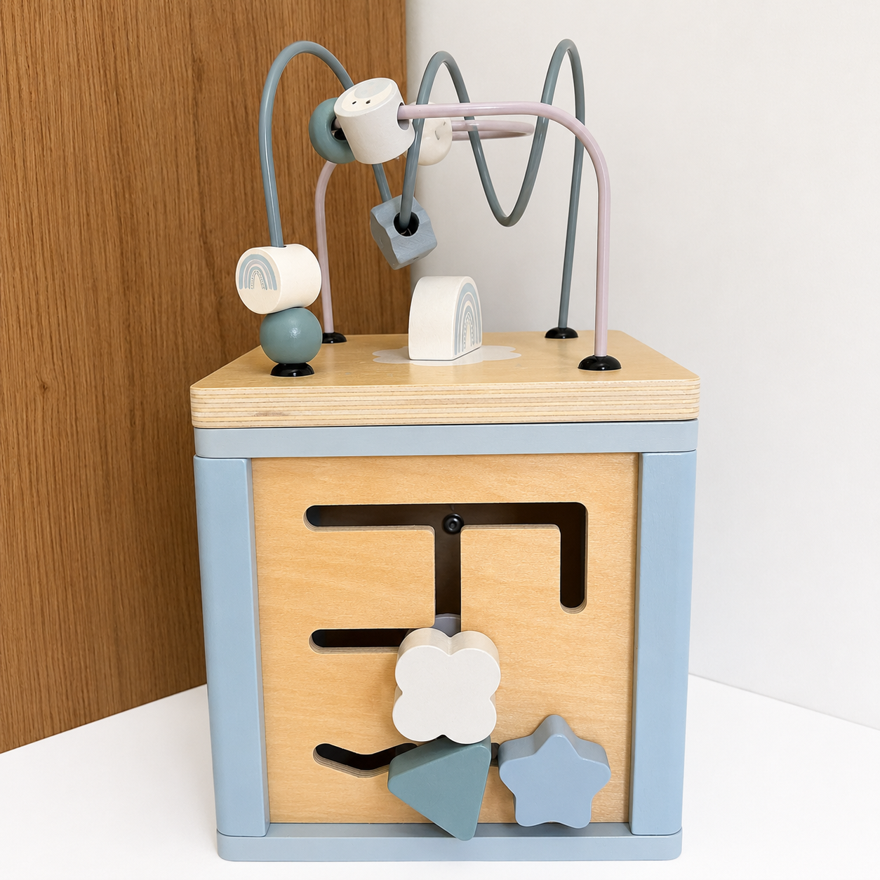 Cube de motricité bleu  – Jouet d’éveil en bois dès 12 mois