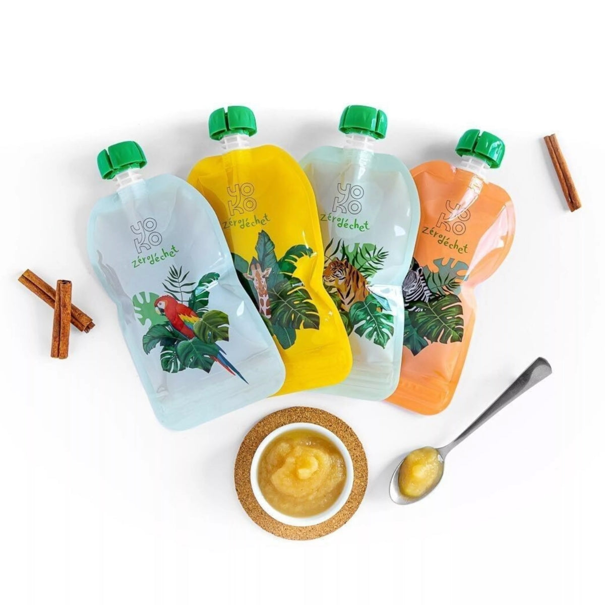 Pack de 4 gourdes à compote réutilisables enfants JUNGLE - 150 ml