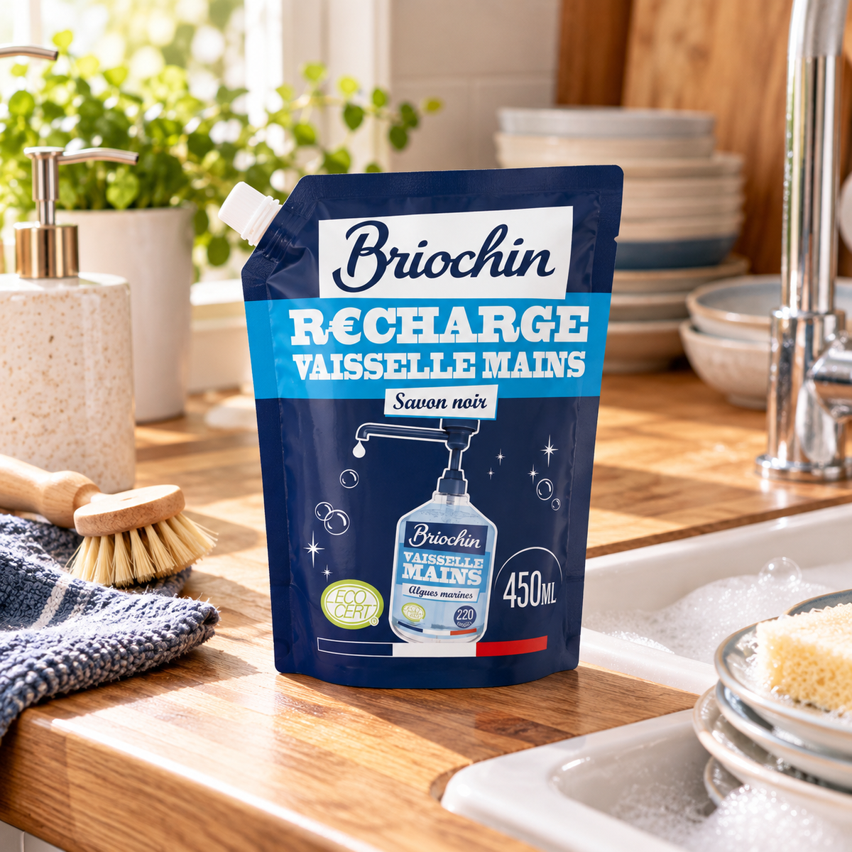 Recharge Liquide Vaisselle Mains au Savon Noir & Algues Marines – Briochin 450 ml