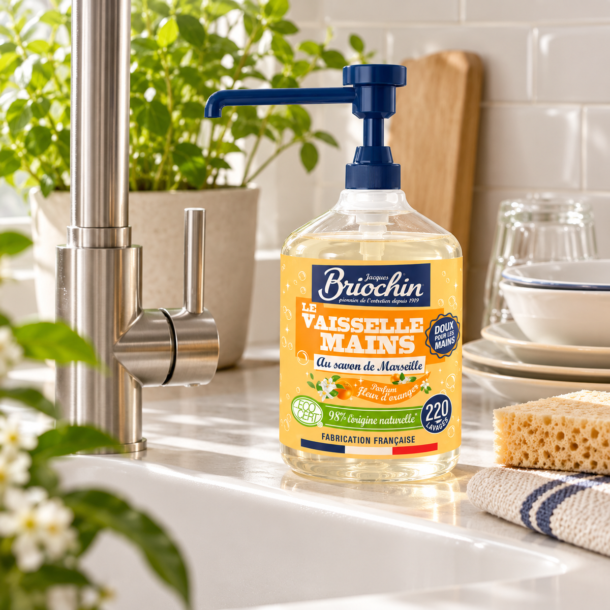 Liquide Vaisselle Mains au Savon de Marseille & Fleur d’Oranger – Briochin – 500 ml