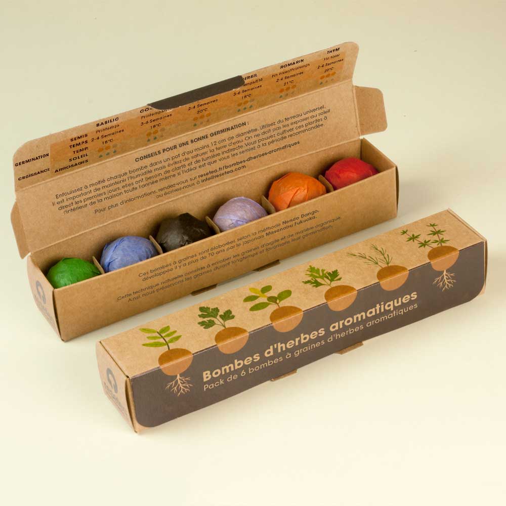 Pack de 6 bombes de graines aromatiques – Basilic, Persil, Origan, Coriandre, Romarin et Thym