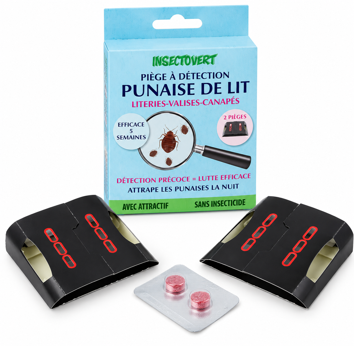 Piège détecteur de punaises de lit avec attractif Insectovert – Lot de 2
