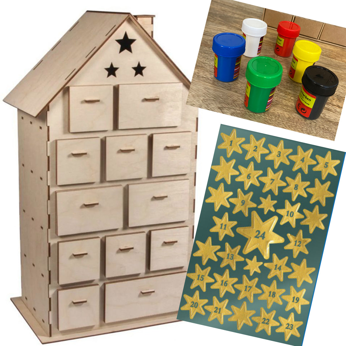 Pack DIY complet calendrier de l'Avent maison en bois avec peinture et décorations
