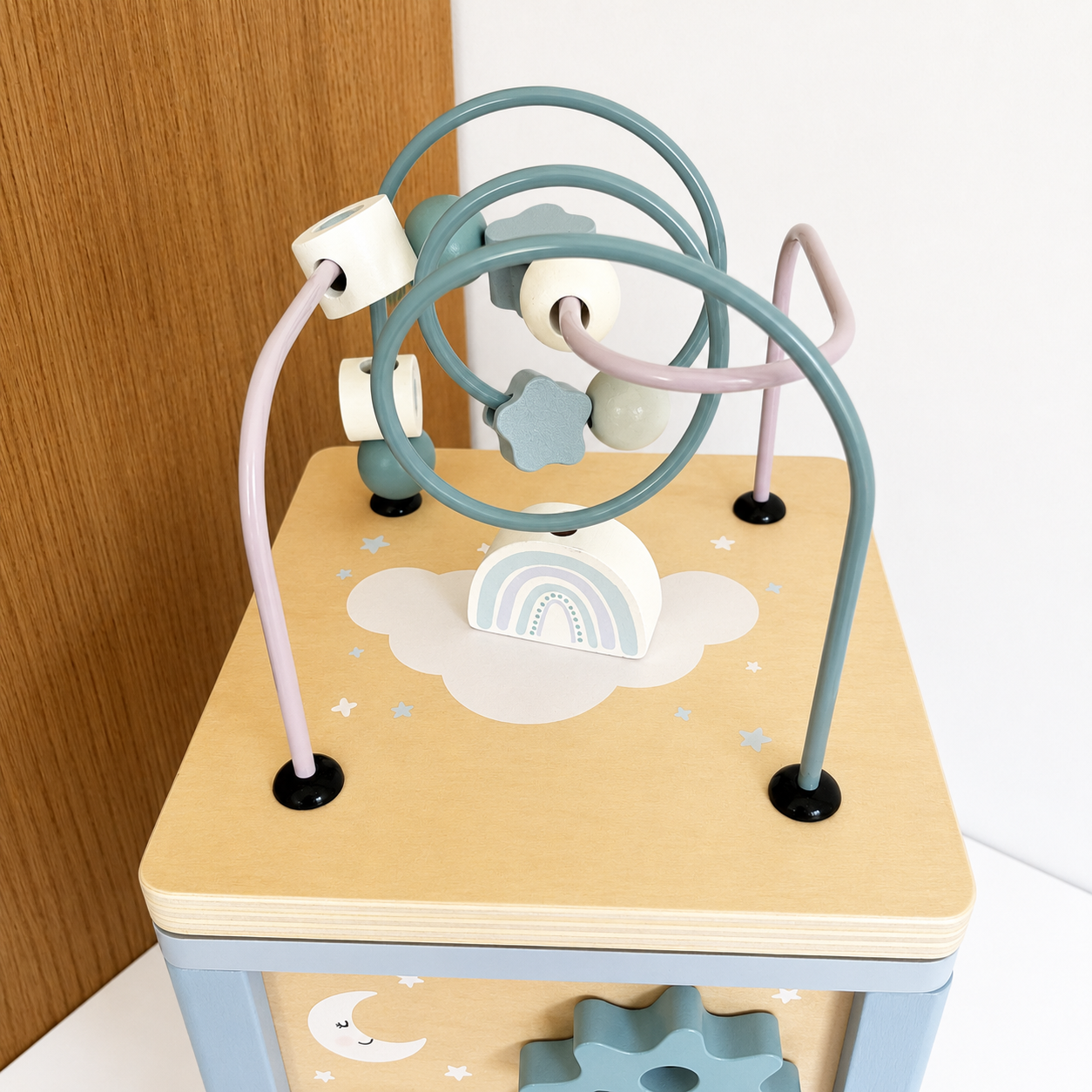 Cube de motricité bleu  – Jouet d’éveil en bois dès 12 mois