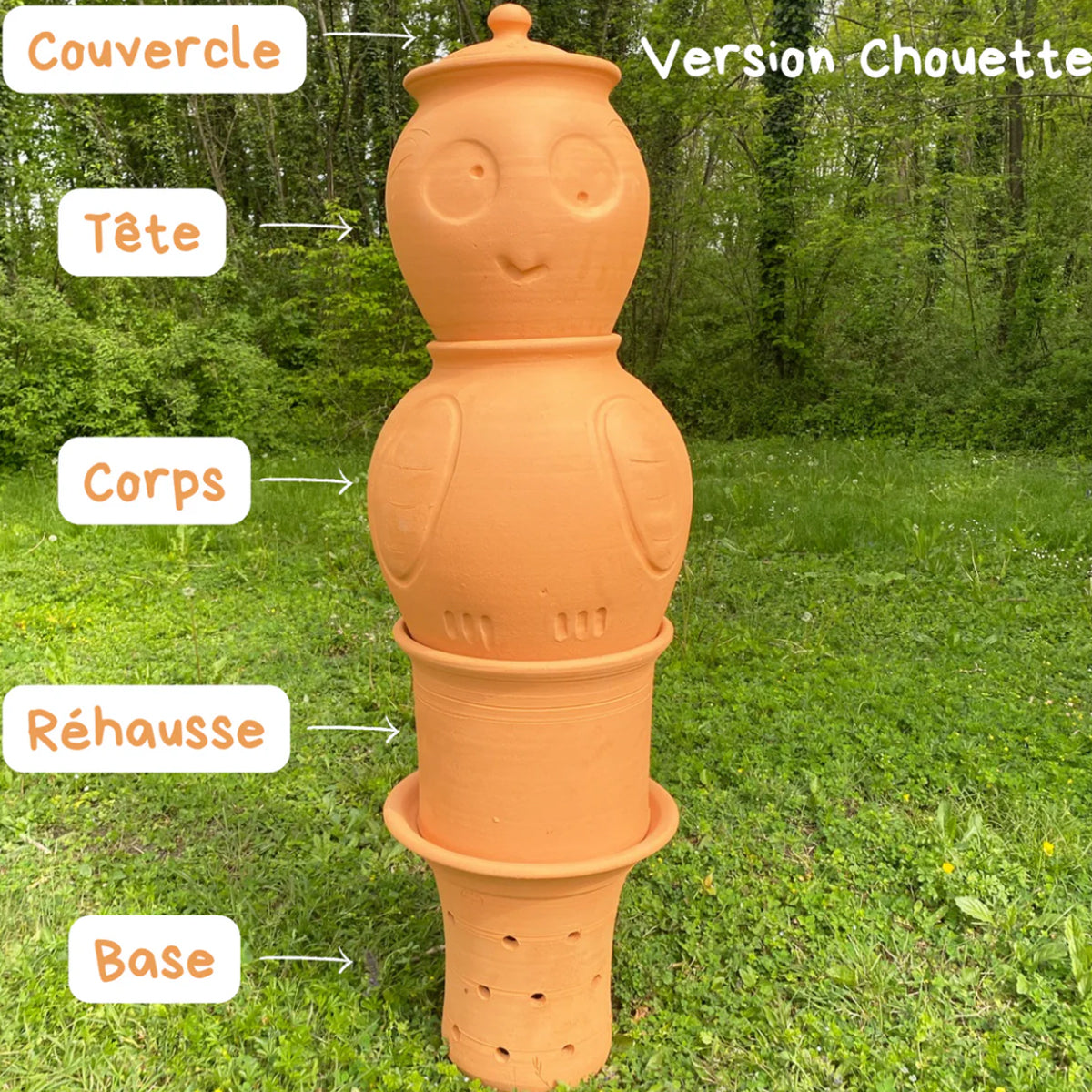 Base + réhausse + corps + tête + couvercle du lombricomposteur à étages (lisse ou motif)