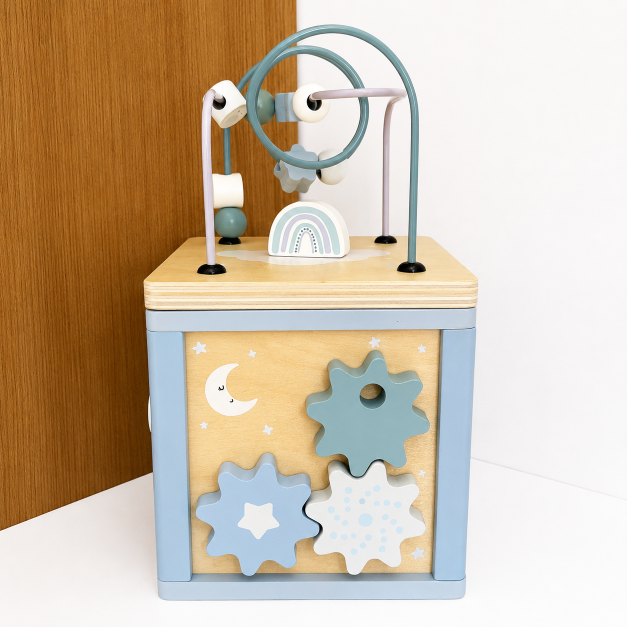 Cube de motricité bleu  – Jouet d’éveil en bois dès 12 mois